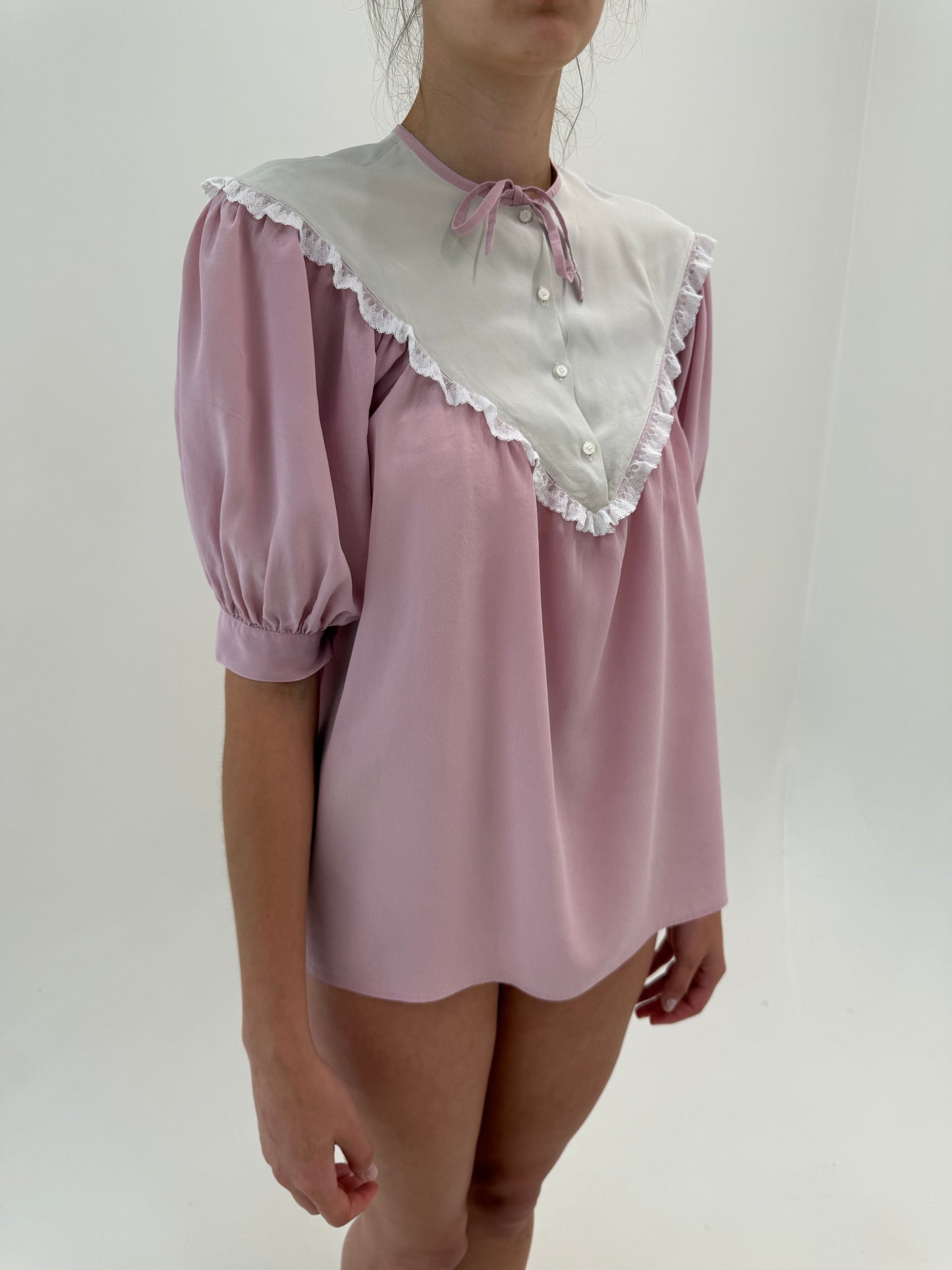 Camasa vintage din mătase naturală în croi deosebit dusty powder pink