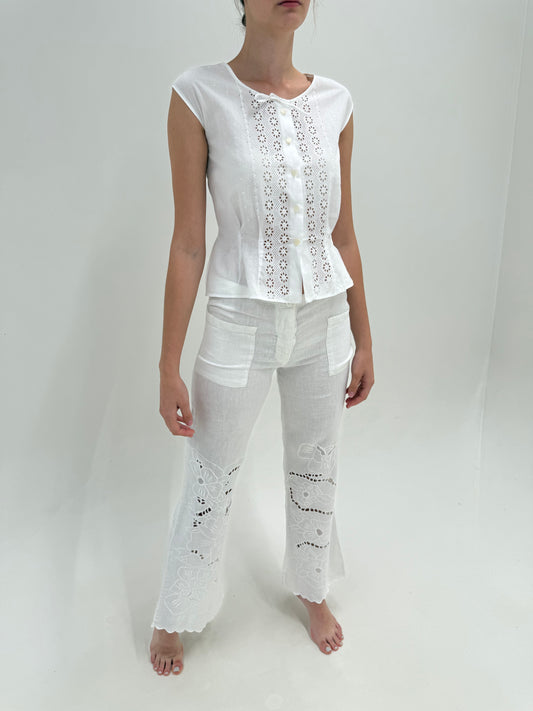 Pantaloni de brand luxury italian din in Antica Sartoria Italiana cu broderie anglaise
