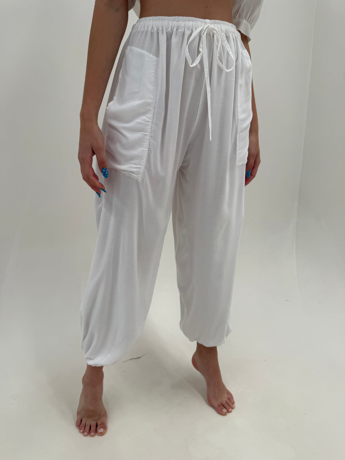 Pantaloni super vaporoși baloon cu talie reglabilă cu șnur din bumbac fin
