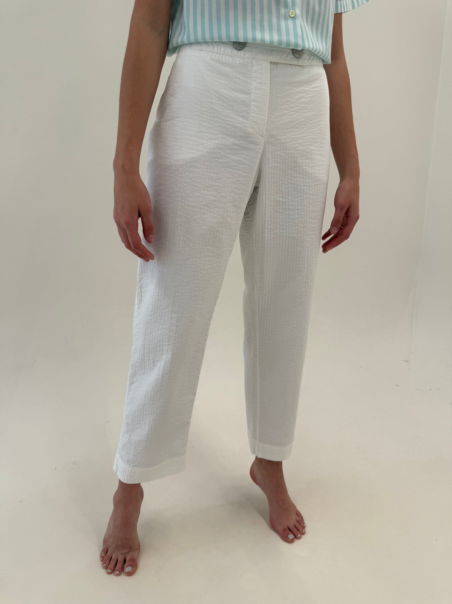 Pantaloni vintage din poplin deosebit de bumbac texturat cu dungi