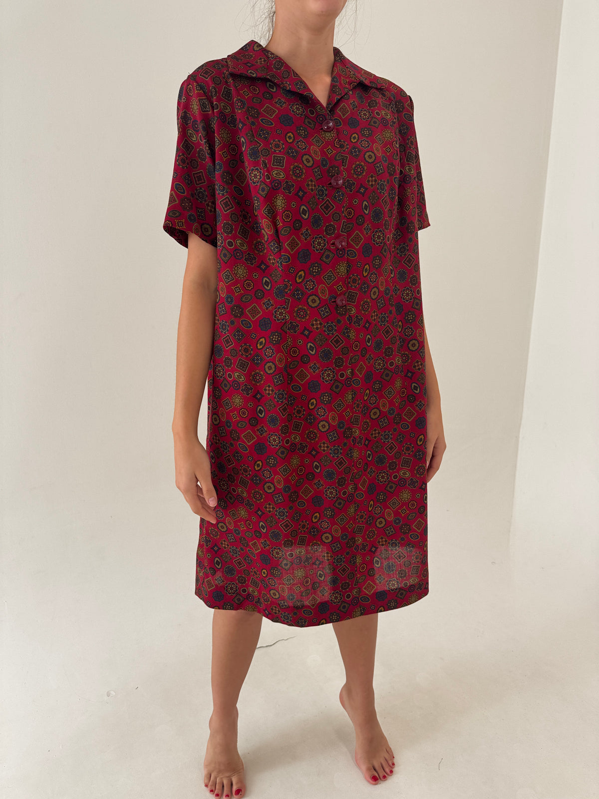 Rochie vintage burgundy din lana excepțională extrafina imprimată manual