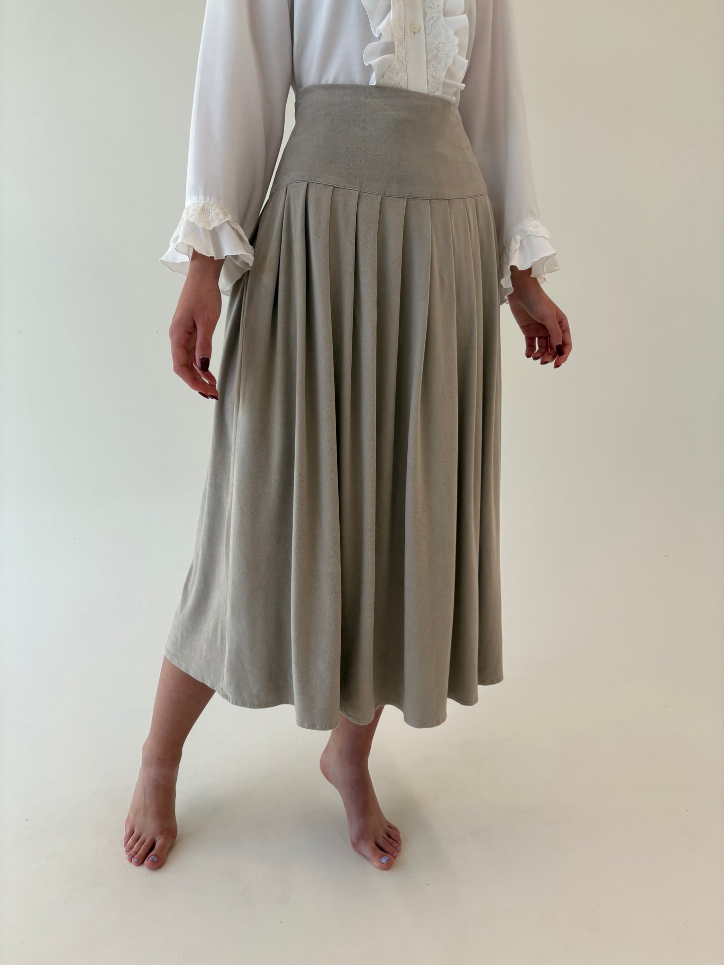 Fustă vintage light nude cu talie ultra înaltă și aspect de piele întoarsă