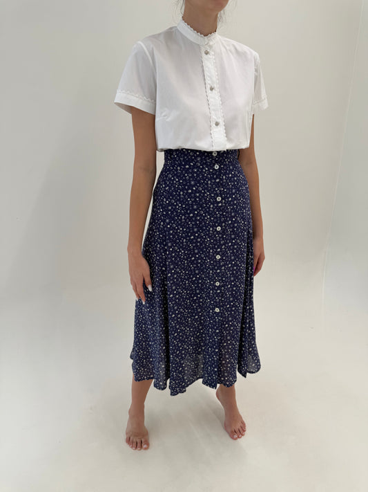 Fustă maxi Navy blue super vaporoasă cu print floral alb delicat