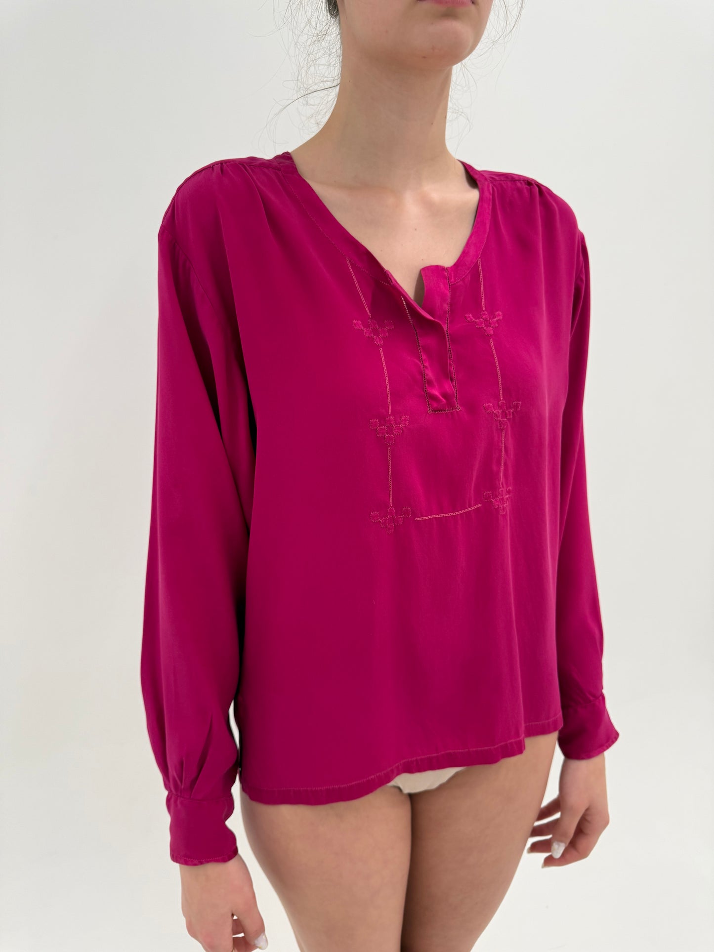 Cămașa italiană fucsia din mătase naturală grea cu broderie manuală