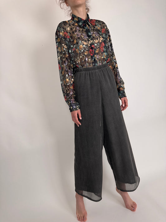 Pantaloni palazzo din mătase naturală mată texturată cu talie ultra înaltă