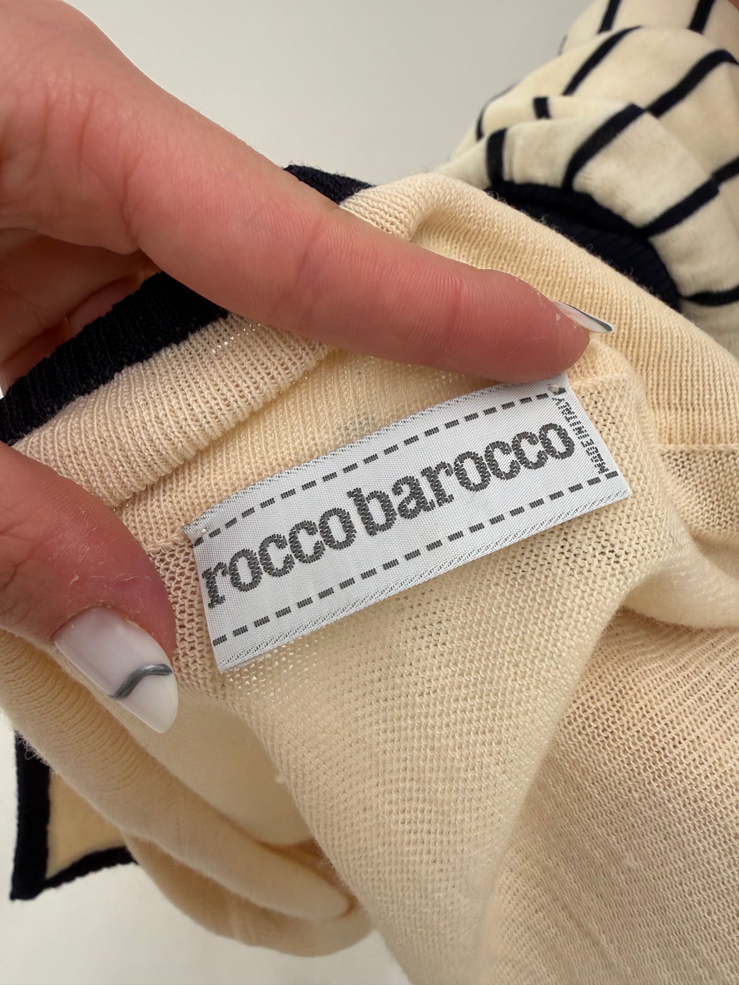 Rochie vintage luxury Rocco Barocco spectaculoasă din jerse nude cu navy blue