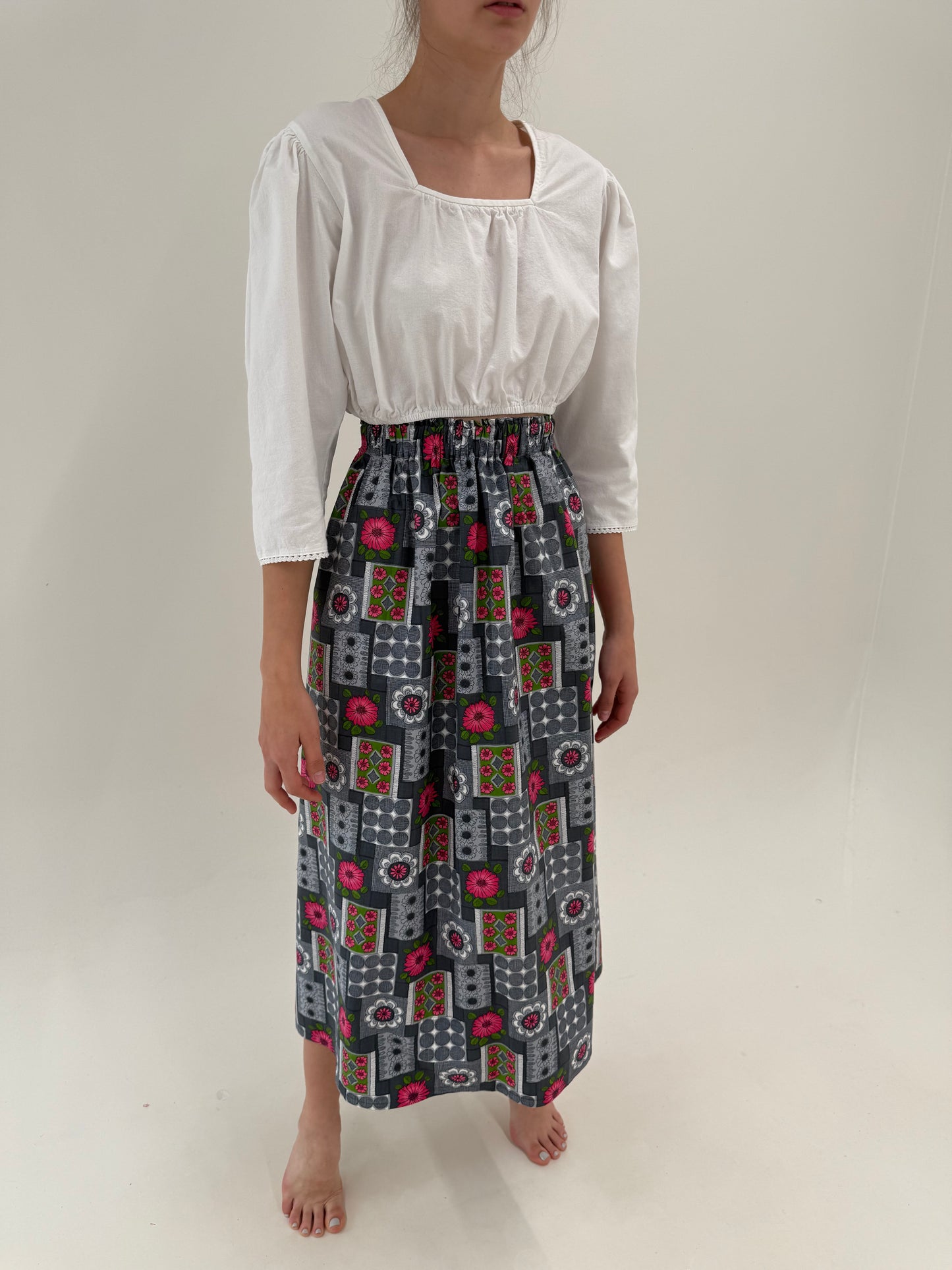 Fustă maxi cu print fucsia din poplin excepțional de bumbac structurat