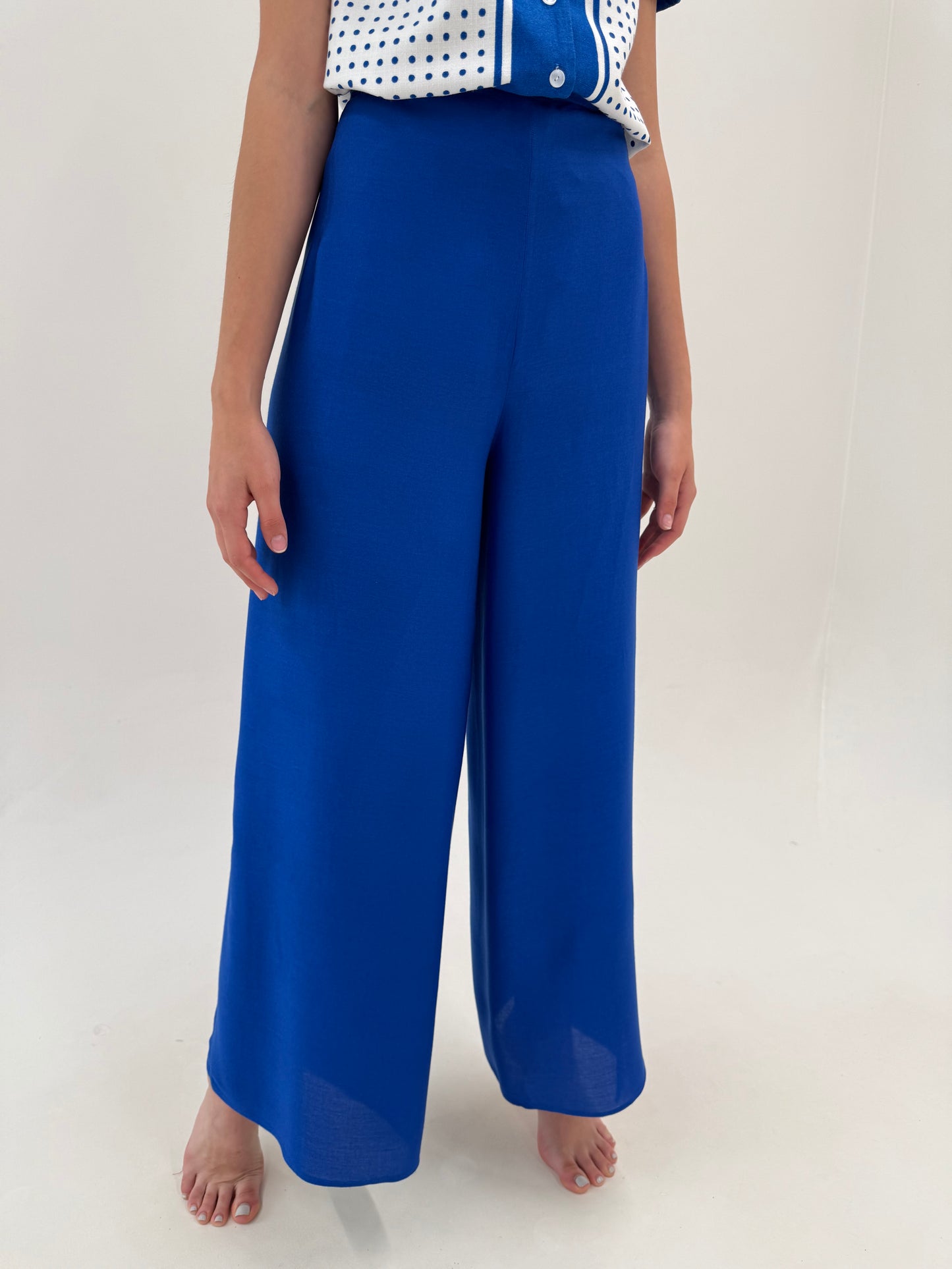 Pantaloni palazzo vaporoși albastru regal tall cu talie ultra înaltă elastică