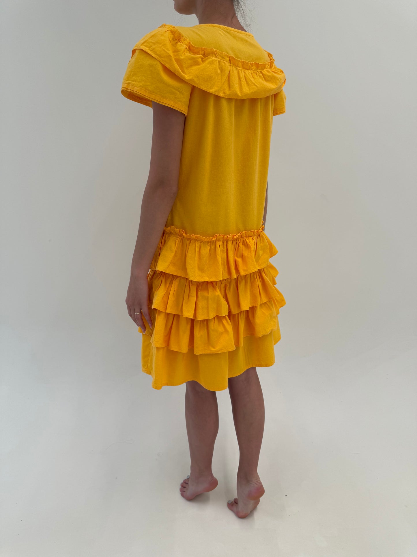 Rochie vintage de designer saffron yellow cu volane vin poplin de bumbac