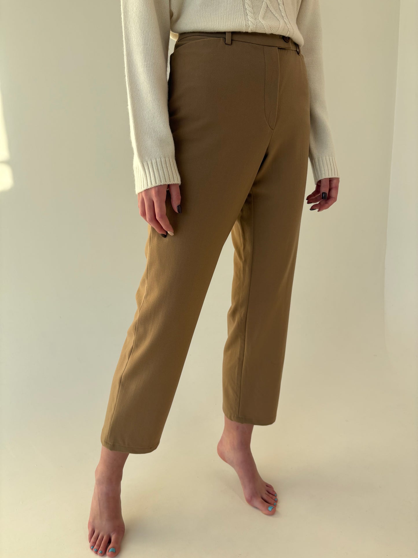Pantaloni camel din stofă de lana extrafina confort ușor modelatoare