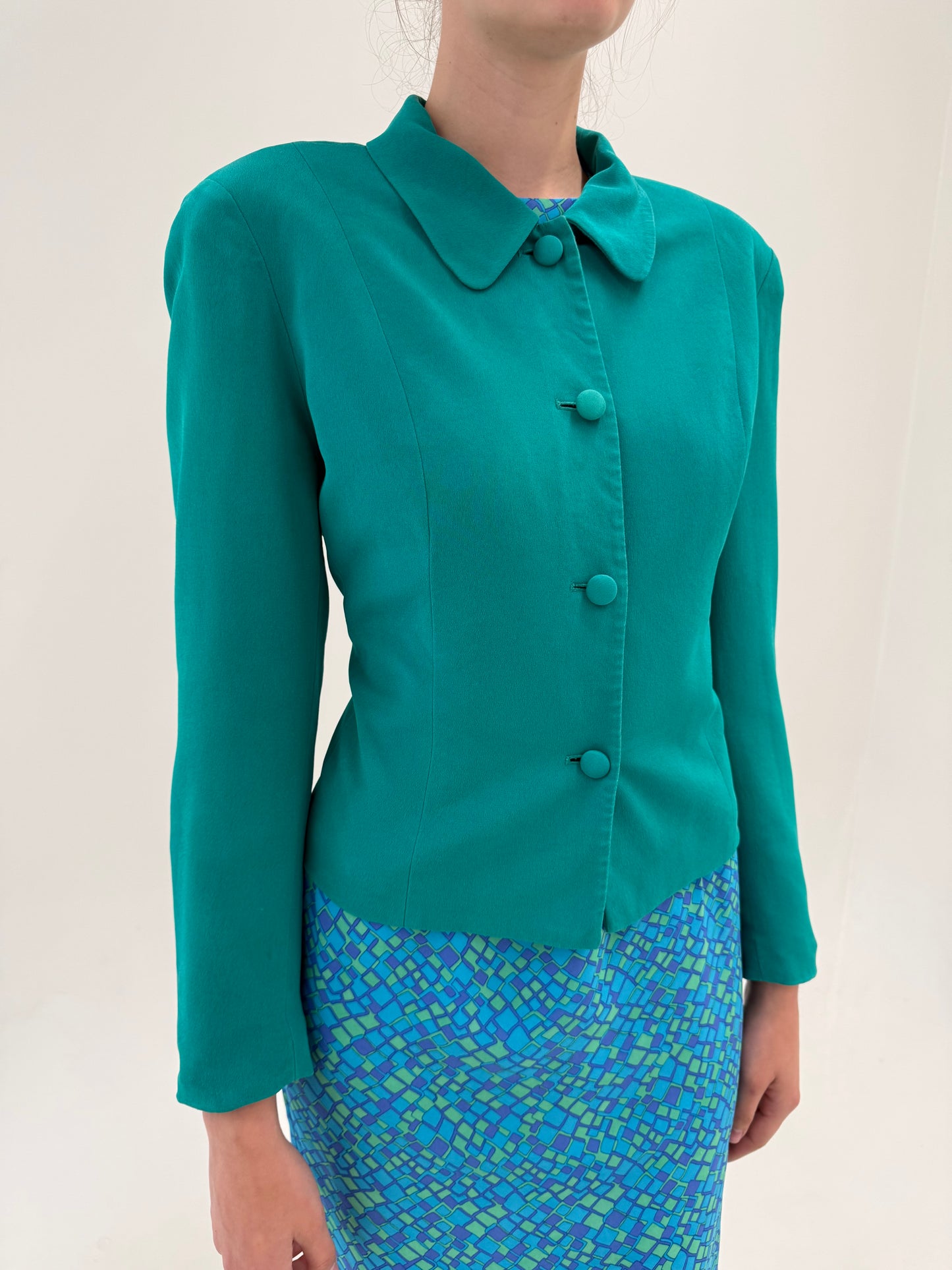 Sacou vintage din mătase naturală în croi ușor cambrat emerald green