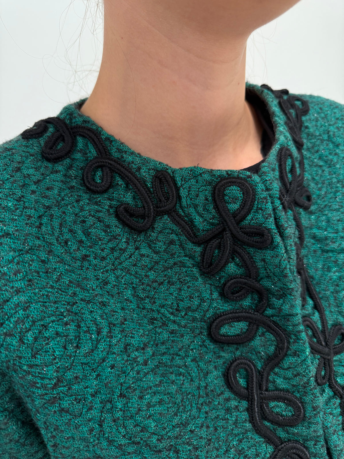 Sacou vintage excepțional din lana extrafina petite dark green cu aplicații manuale