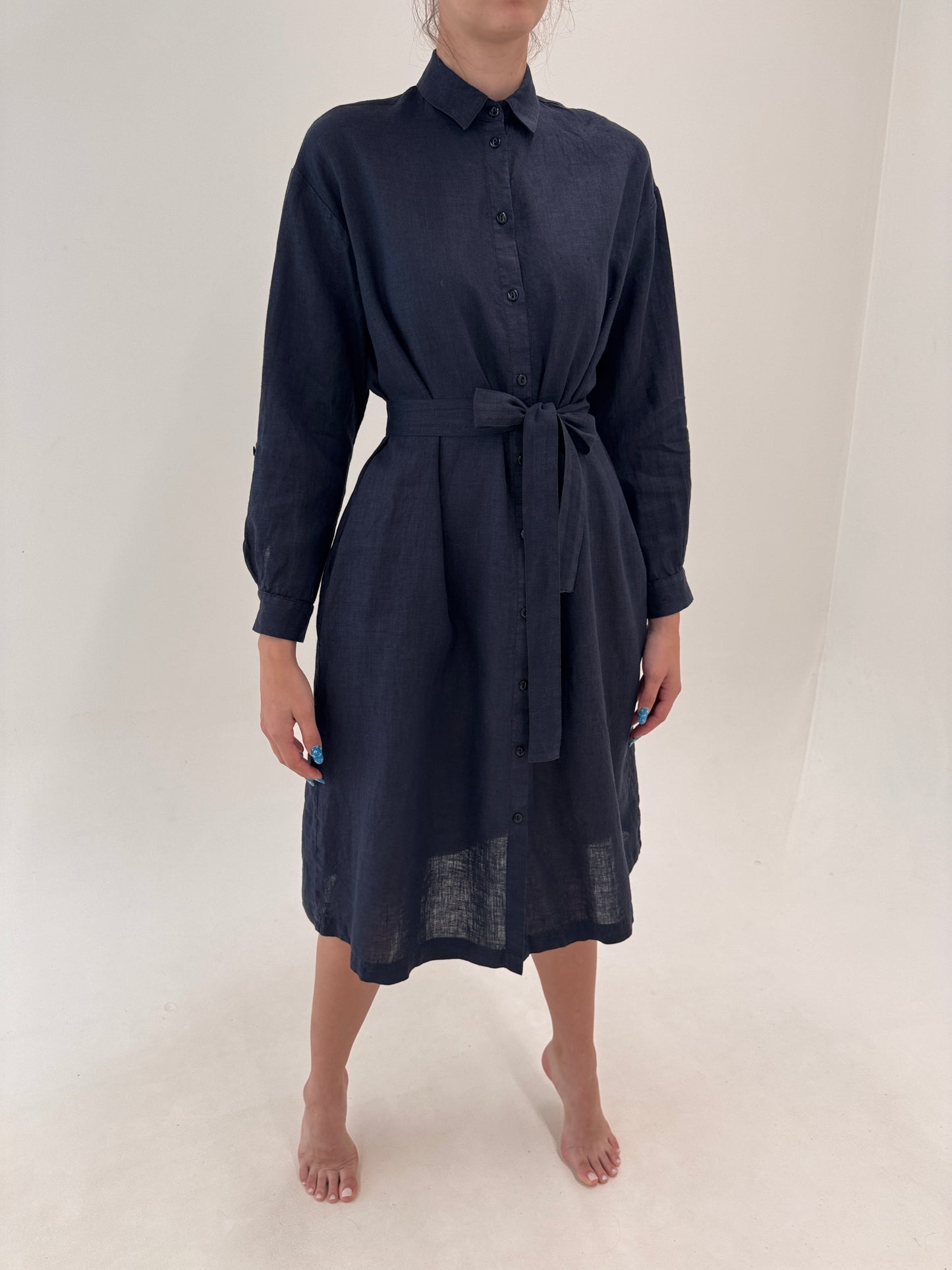 Rochie Navy cu cordon și mânecă reglabilă din panza de in și buzunare
