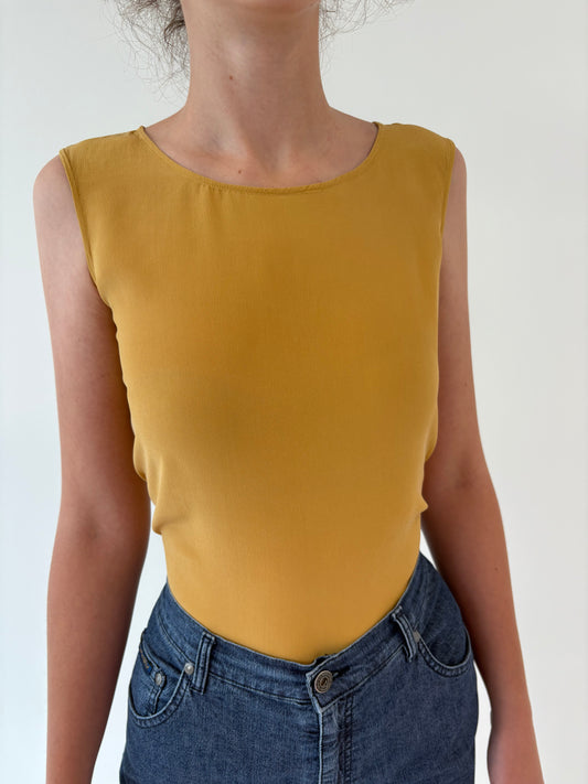 Top mustard yellow din mătase naturală mată
