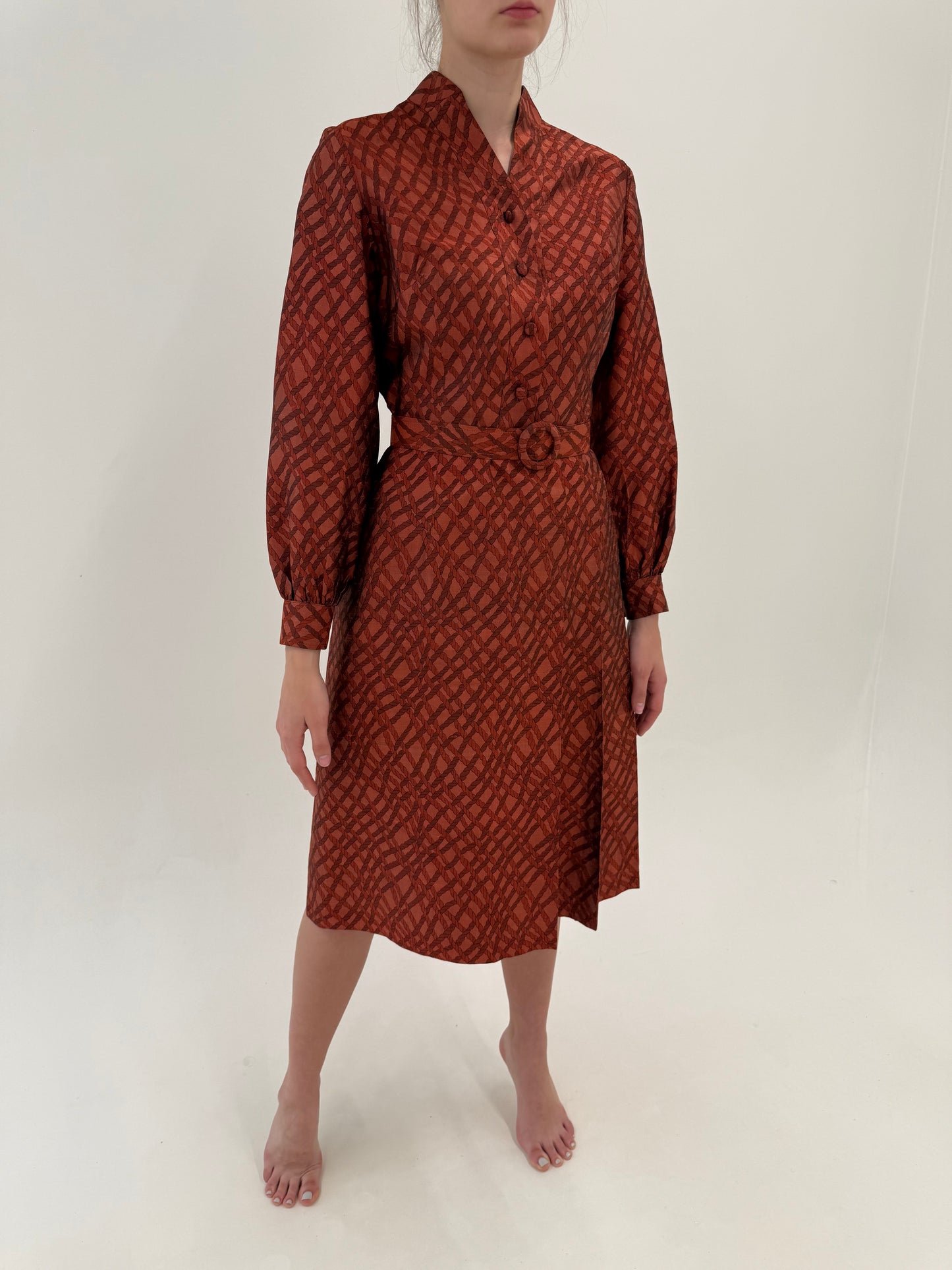 Rochie vintage din mătase naturală dupioni cu buzunare și curea proprie