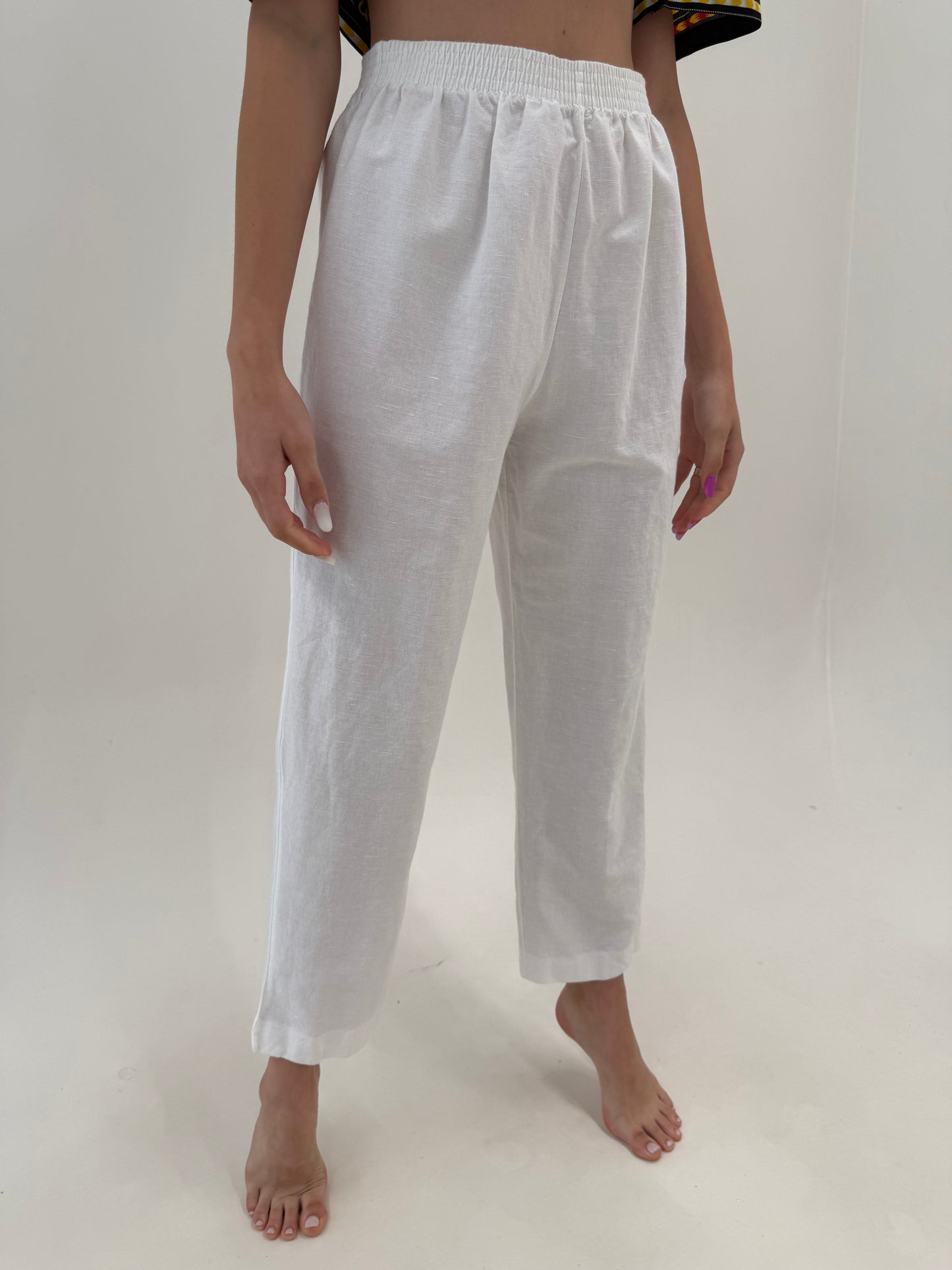 Pantaloni din in premium italian cu talie ultra înaltă elastică
