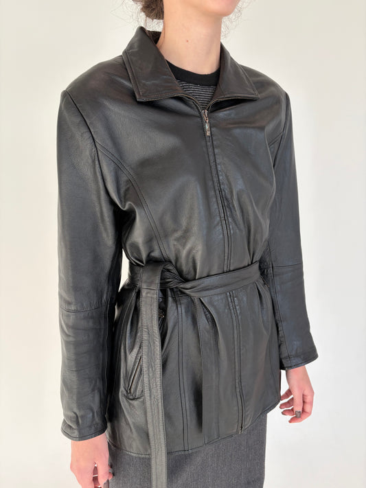 Trench din piele naturală moale cu cordon