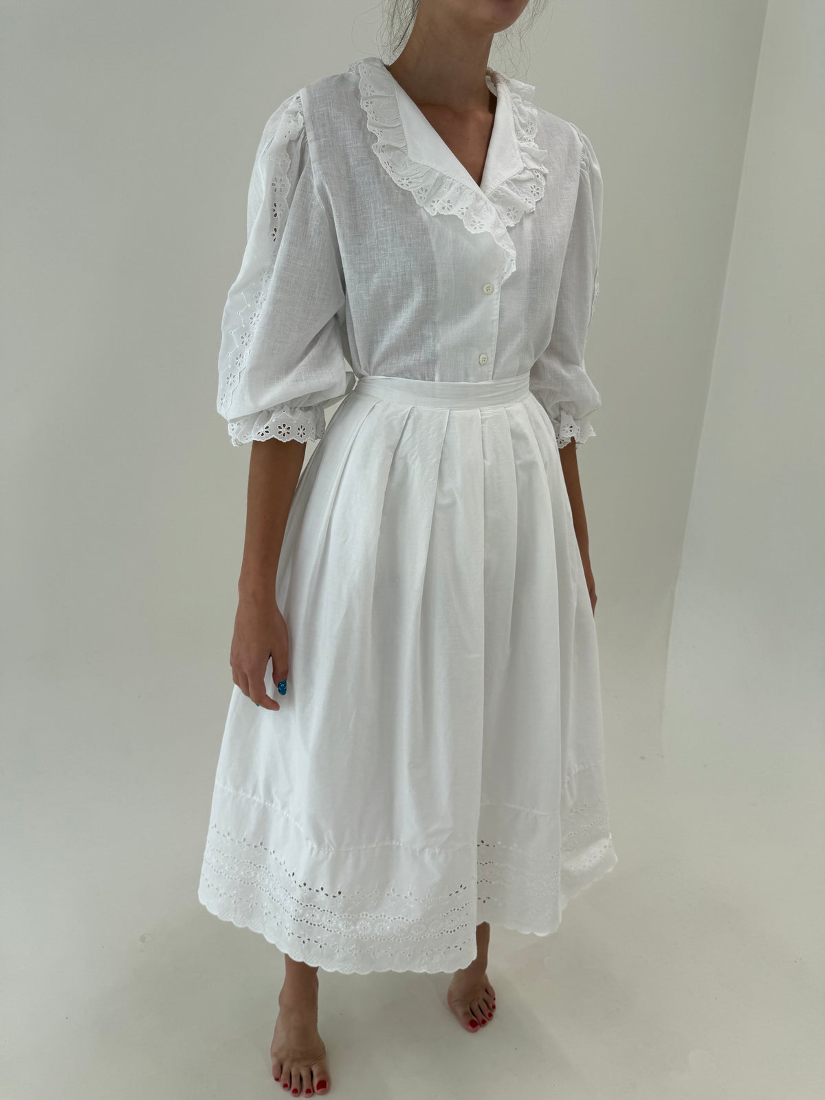Fustă vintage excepțională maxi din bumbac ultra amplă cu broderie anglaise