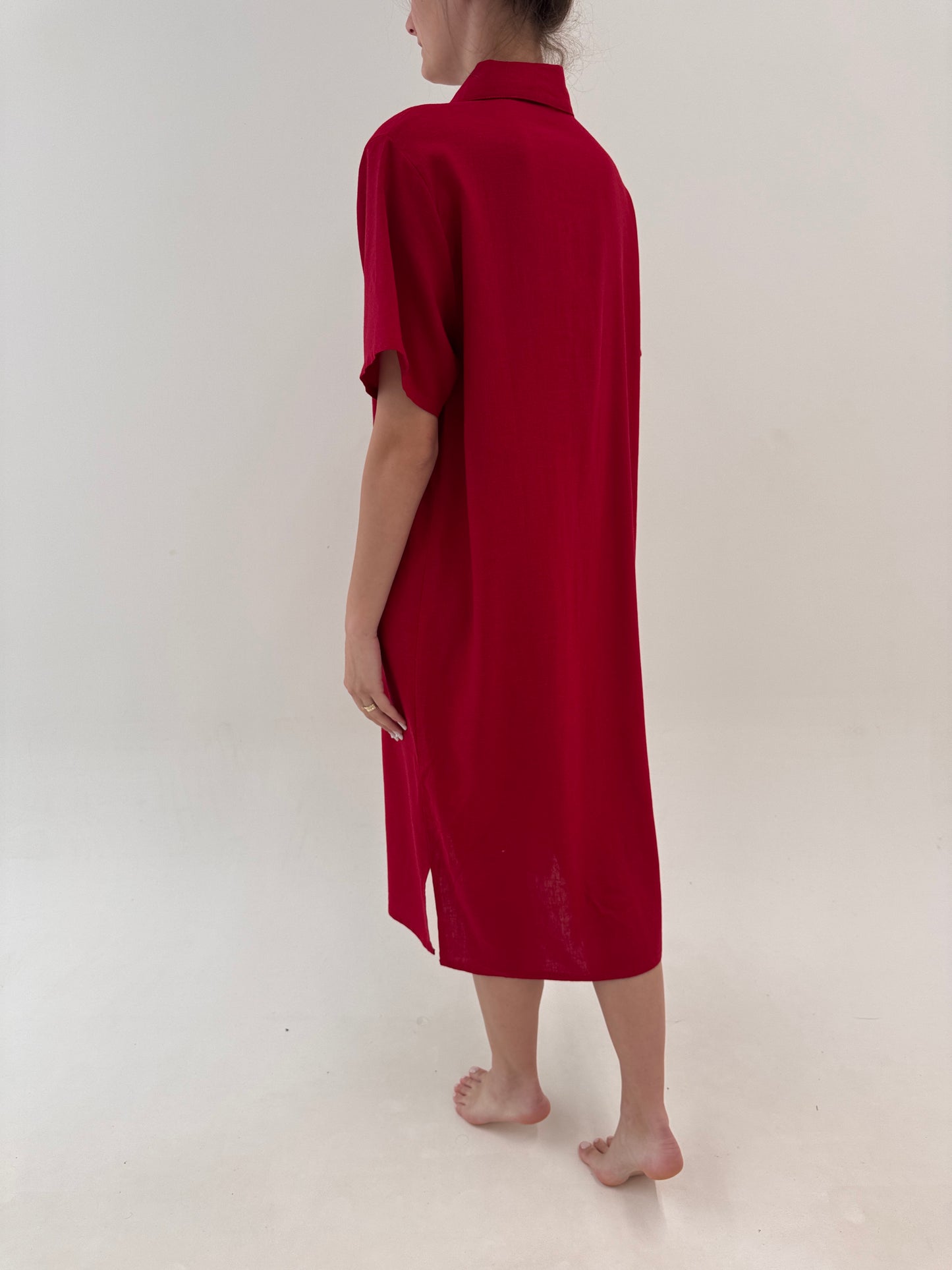 Robe chemise maxi dark cherry cu broderie din pânză premium de in și bumbac