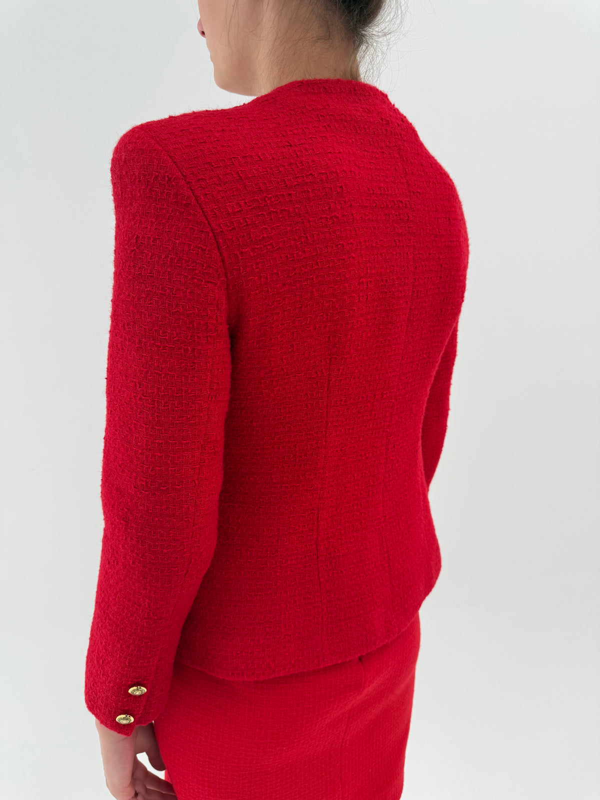 Sacou vintage în stil Chanel cherry red petite din tweed excepțional de lana