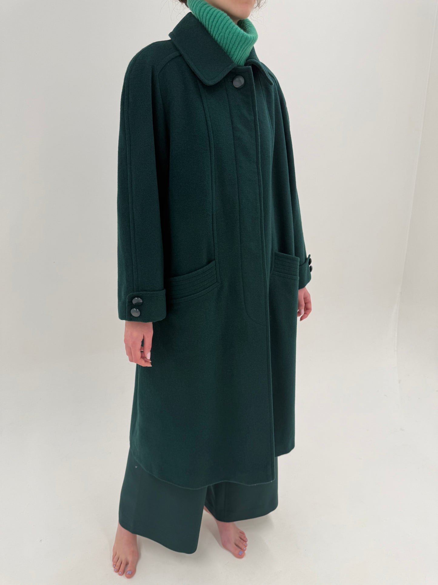 Palton în croi lung dark green din lana plină extrafina moale de lana