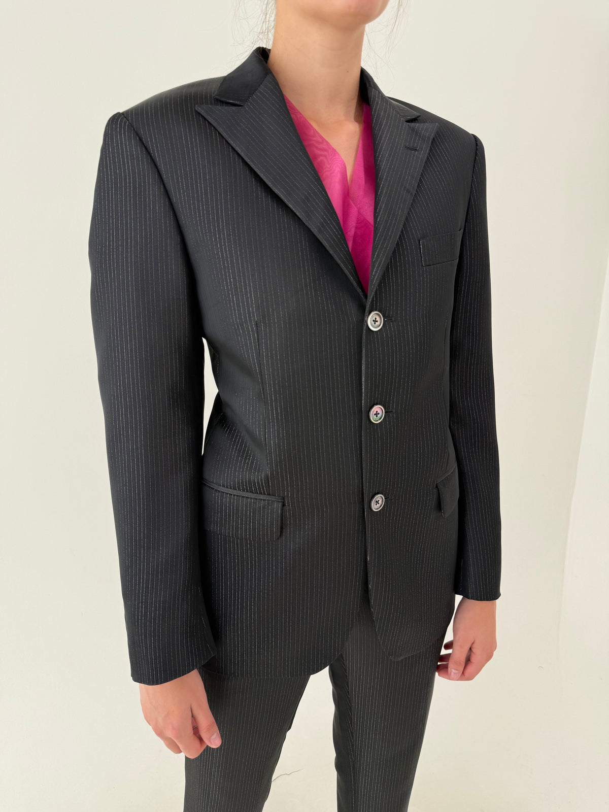 Costum elegant negru de brand luxury Italian Renato Balestra din lana satinata