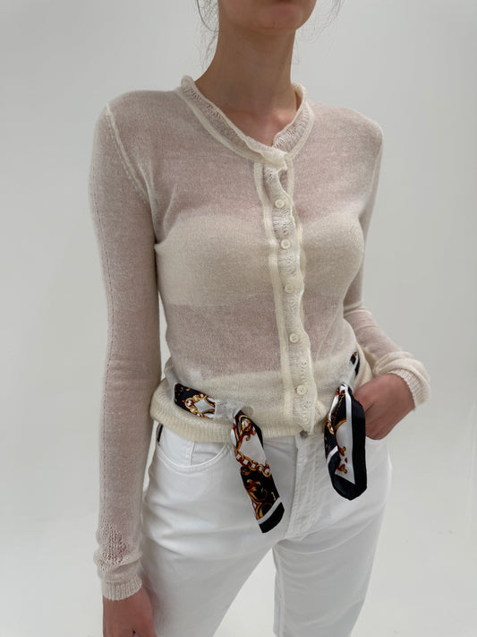 Cardigan Roberto Cavalli din ultra thin wool cu cordon tip eșarfă