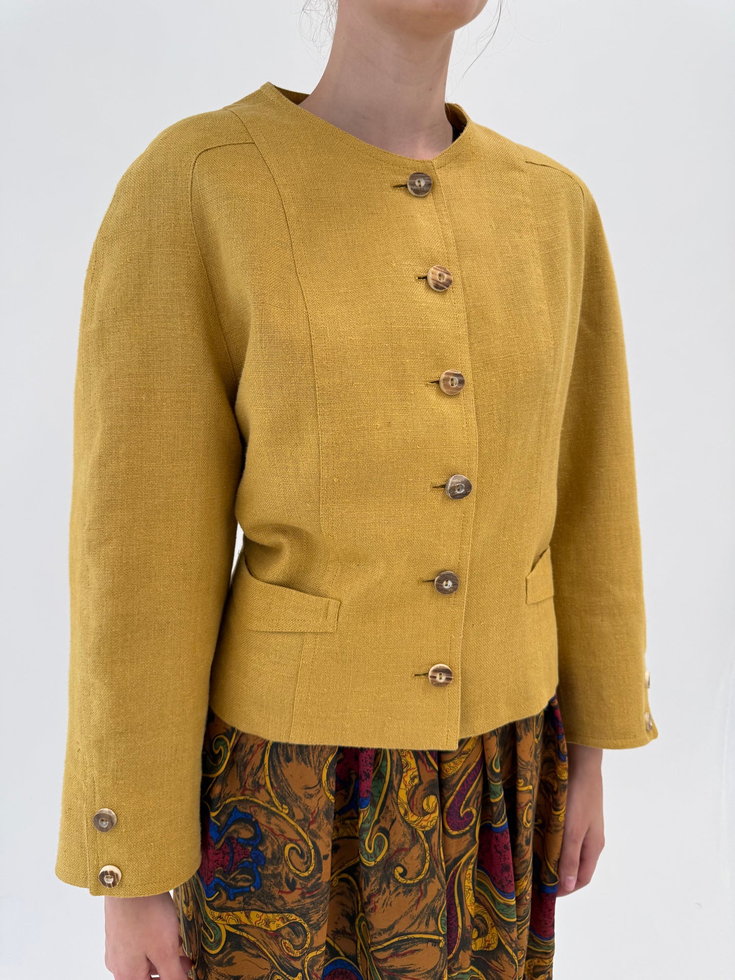 Sacou vintage din pânză de in în croi retro modern mustard yellow