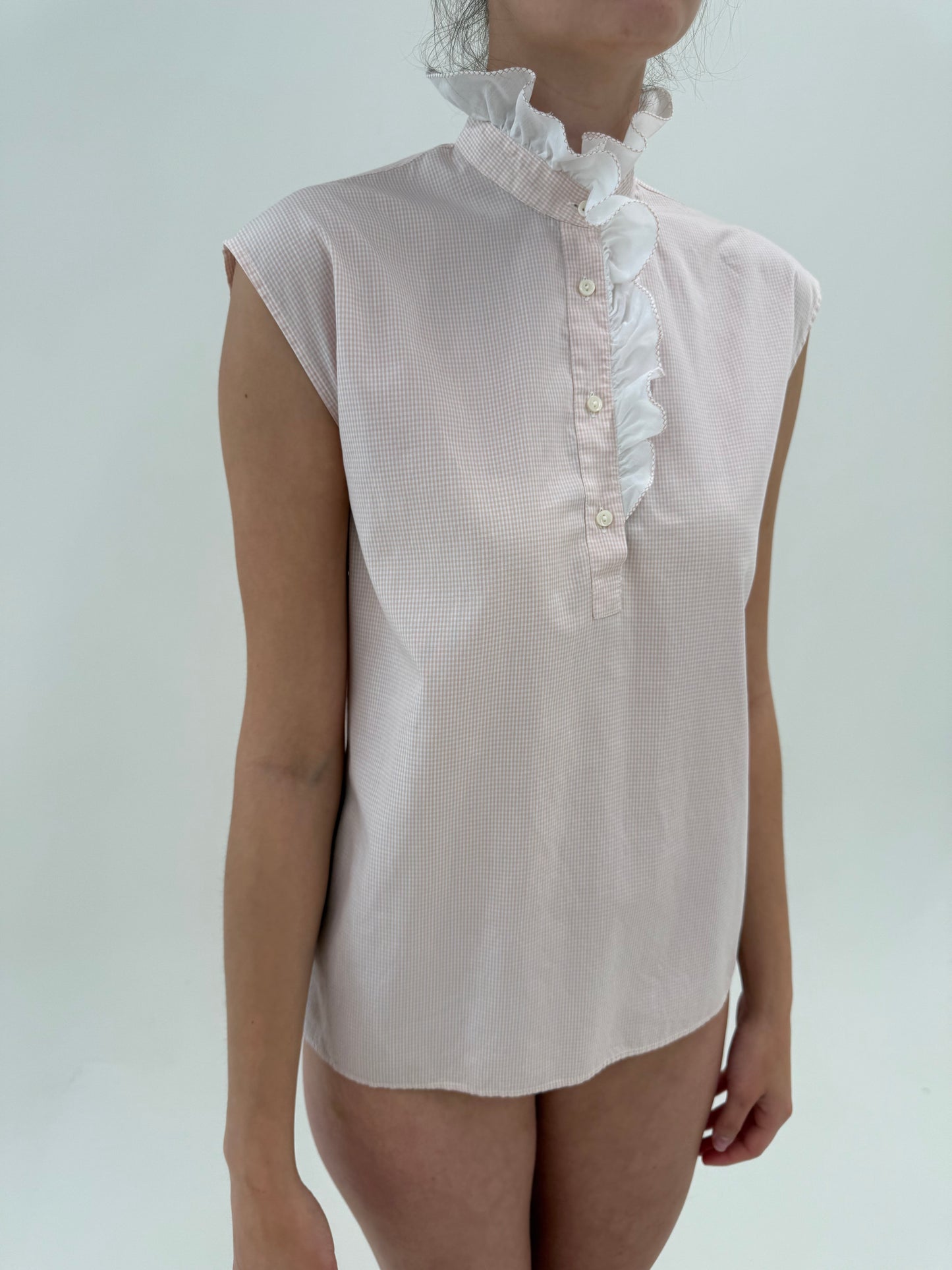 Cămașa gingham powder pink italiană cu inserții de dantelă în croi chic