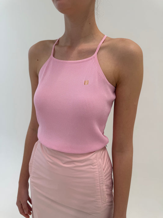 Top Fendi cu logoul discret al brandului din jerse ribbed powder pink
