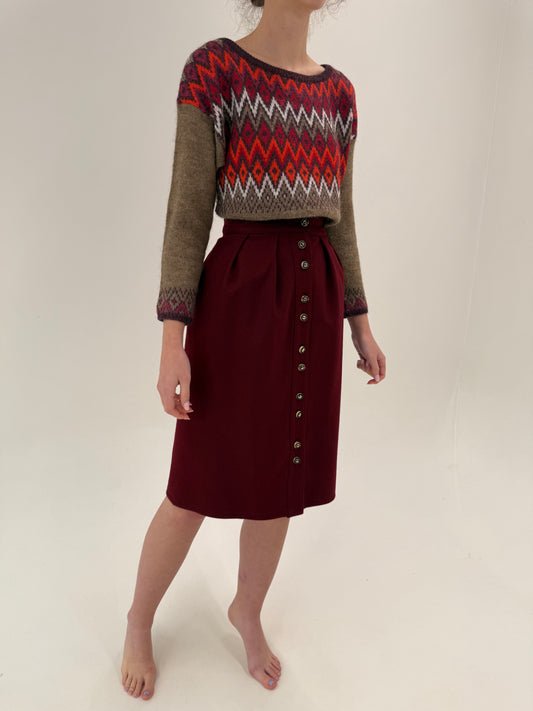 Fustă vintage burgundy din stofă groasă de lana extrafina cu pliuri adânci