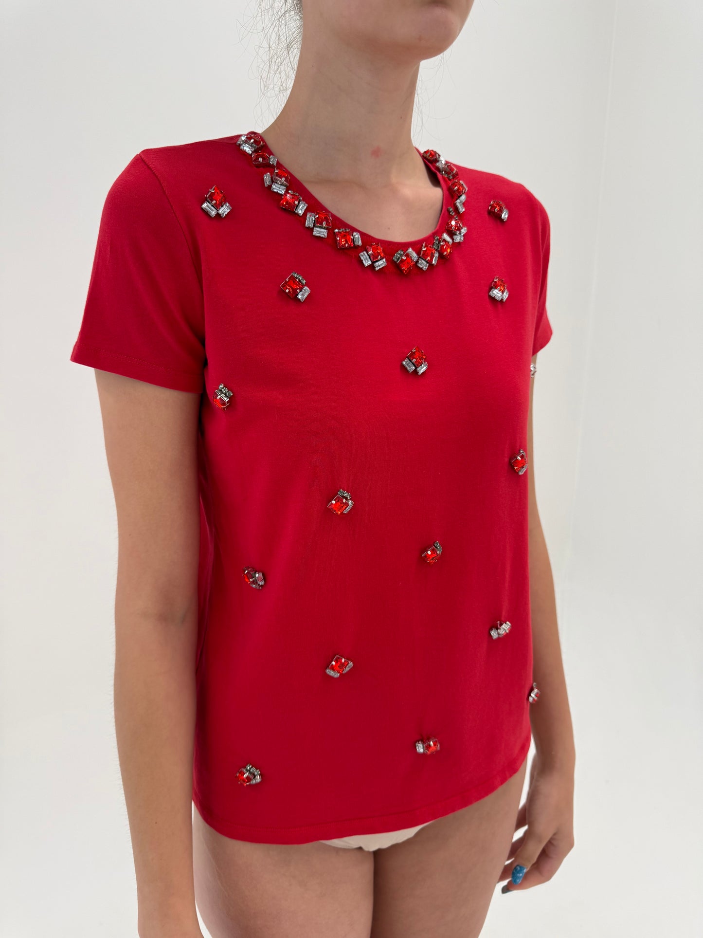Top Max Mara cherry red cu aplicații manuale din bumbac premium