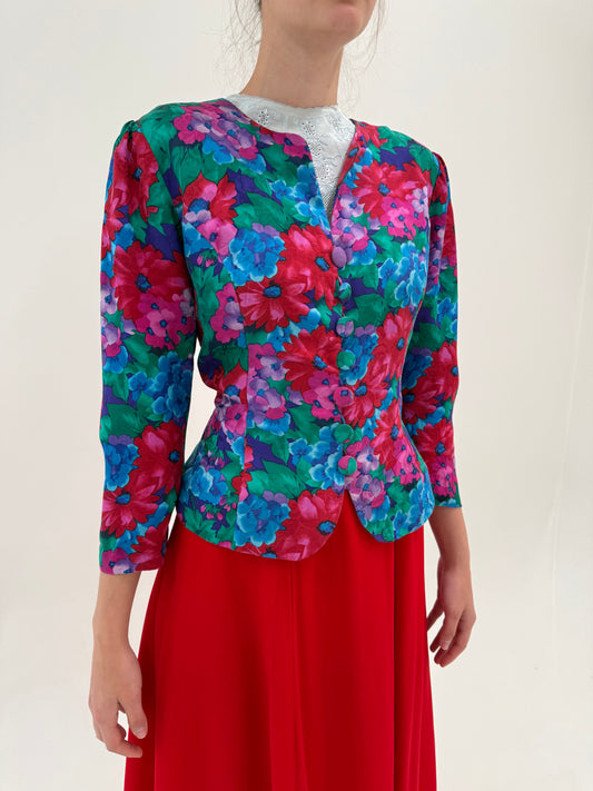 Sacou cambrat petite din mătase naturală cu print floral superb