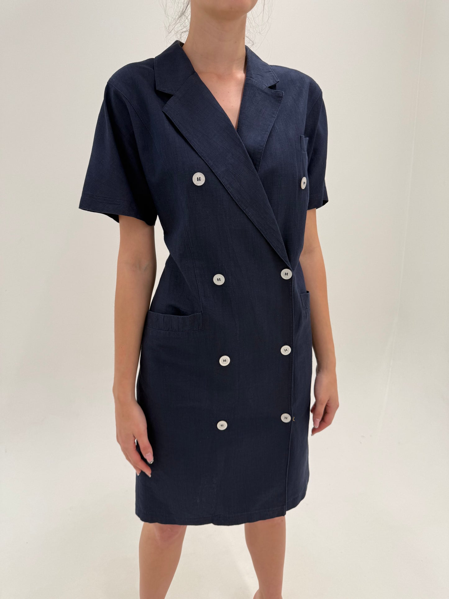 Rochie vintage italiană din pânză ușor structurată de în și bumbac cu revere late
