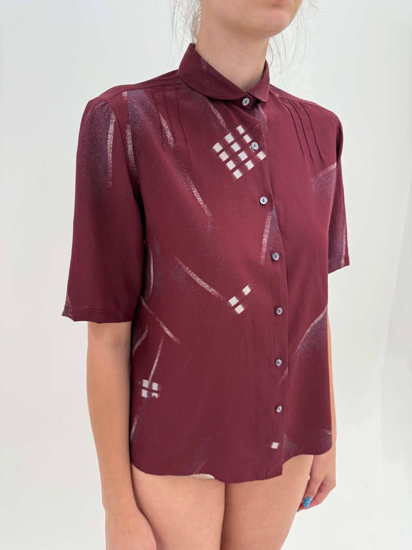 Cămașa vintage italiană din mătase naturală plum cu print geometric