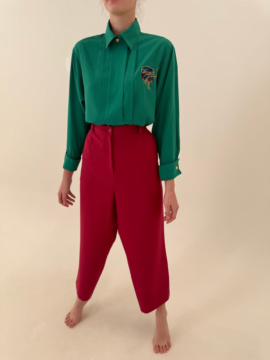 Pantaloni palazzo raspberry red din twill de vâscoza cu cădere superbă