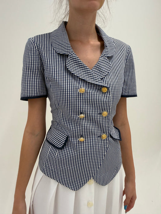 Sacou premium italian gingham cambrat cu nasturi aurii și revere rotunjite