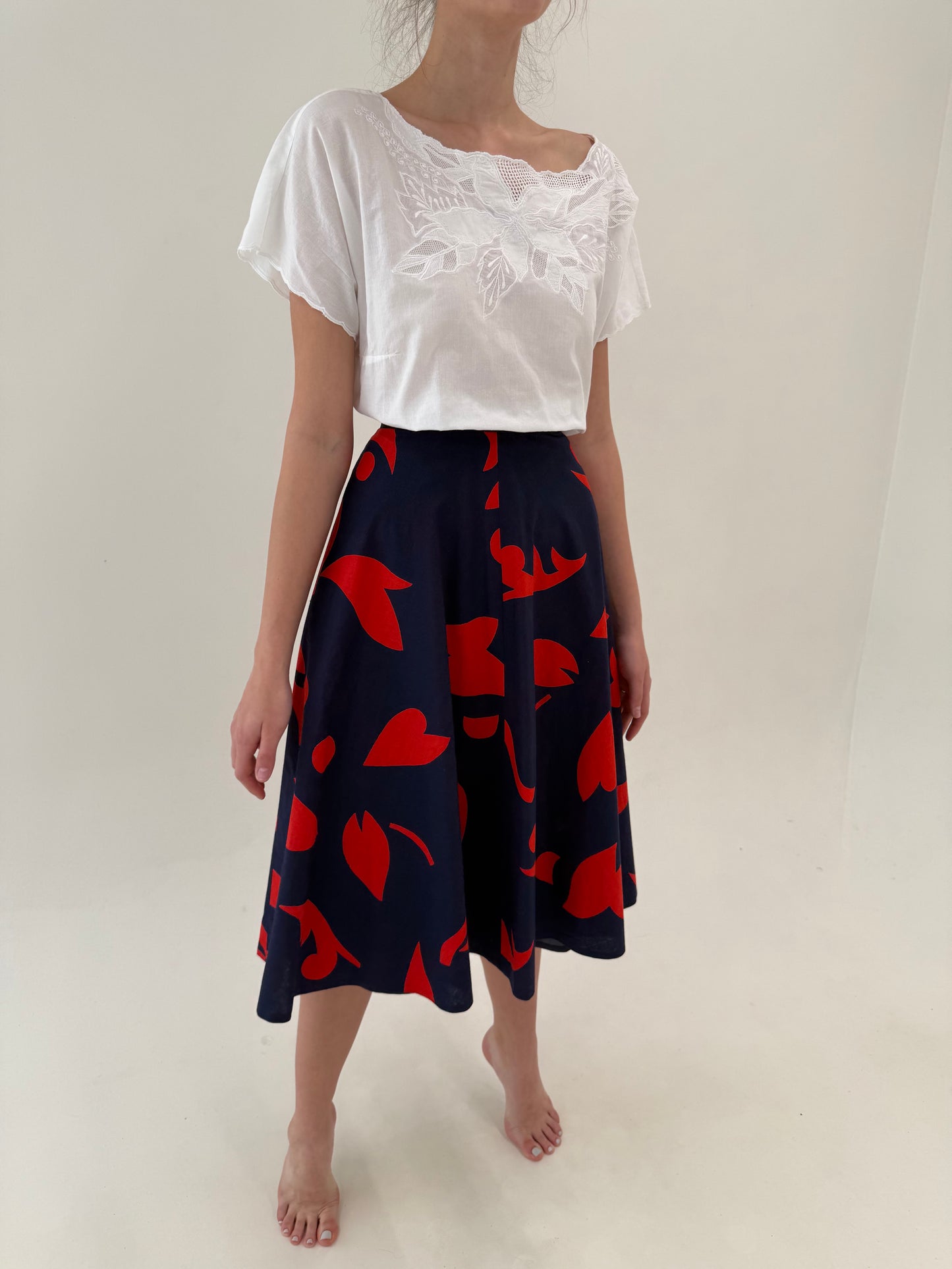 Fustă vintage din panzica de bumbac cu buzunare Navy cu print roșu
