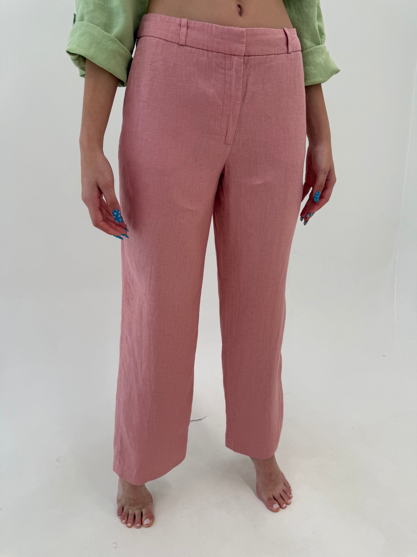 Pantaloni dusty pink din in premium în croi drept