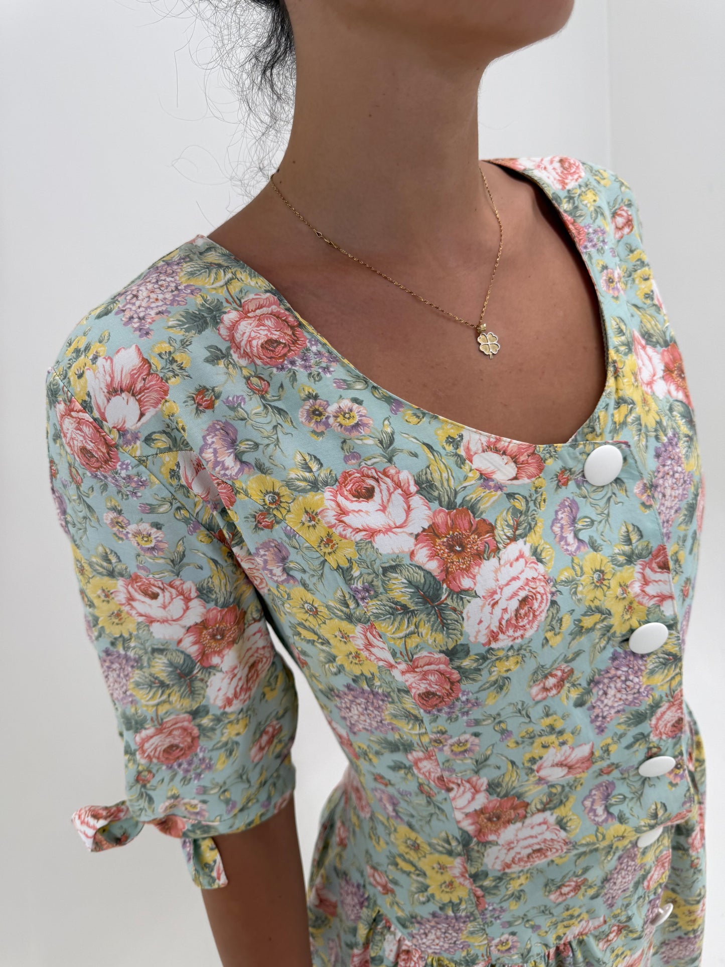 Rochie vintage maxi cu corsaj și print floral superb mint green