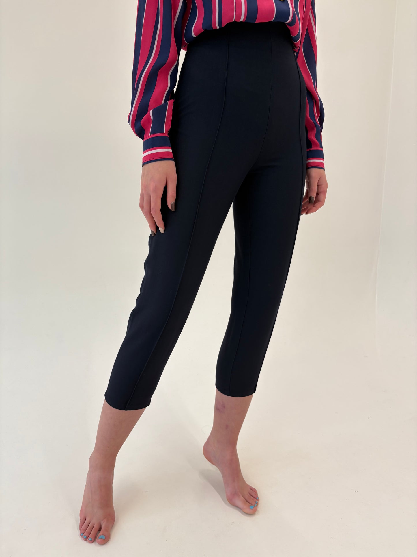 Pantaloni Navy țigaretă petite cu talie ultra înaltă din mix de lana extrafina