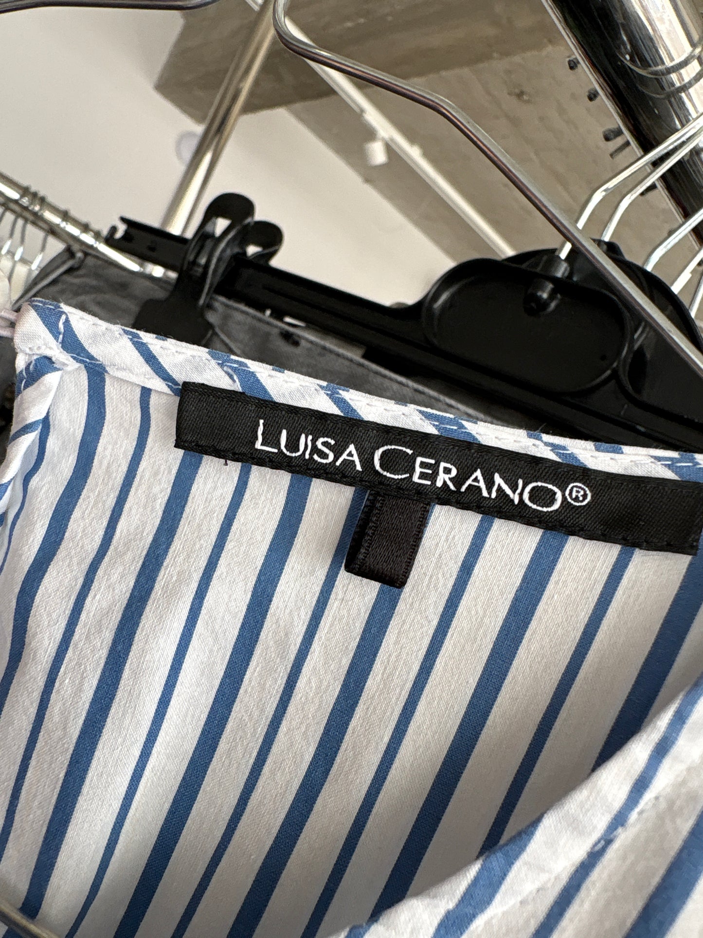 Tunica luxury Luisa Cerano cu dungi verticale jeans blue și mâneci evazate