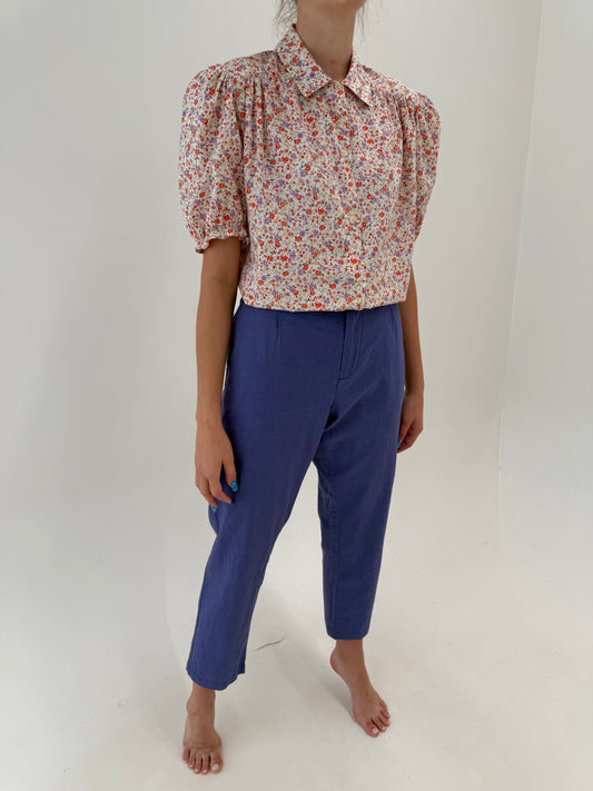 Pantaloni din pânză de in și bumbac Iris blue cu talie ultra înaltă