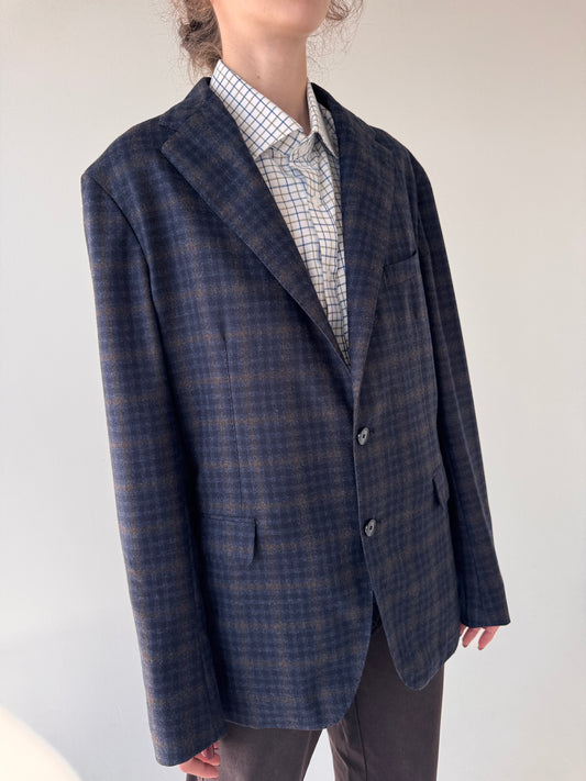 Sacou italian în carouri Navy cu chocolate brown din lana super 110’s