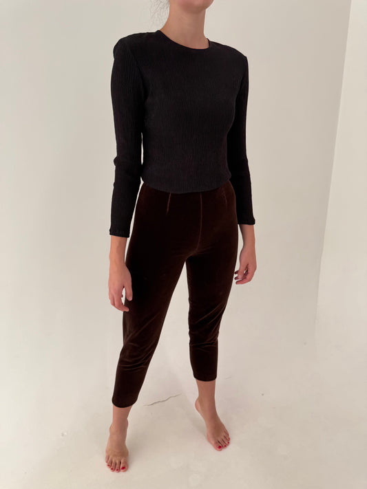 Pantaloni petite țigaretă cu talie extrem de înaltă din catifea chocolate brown