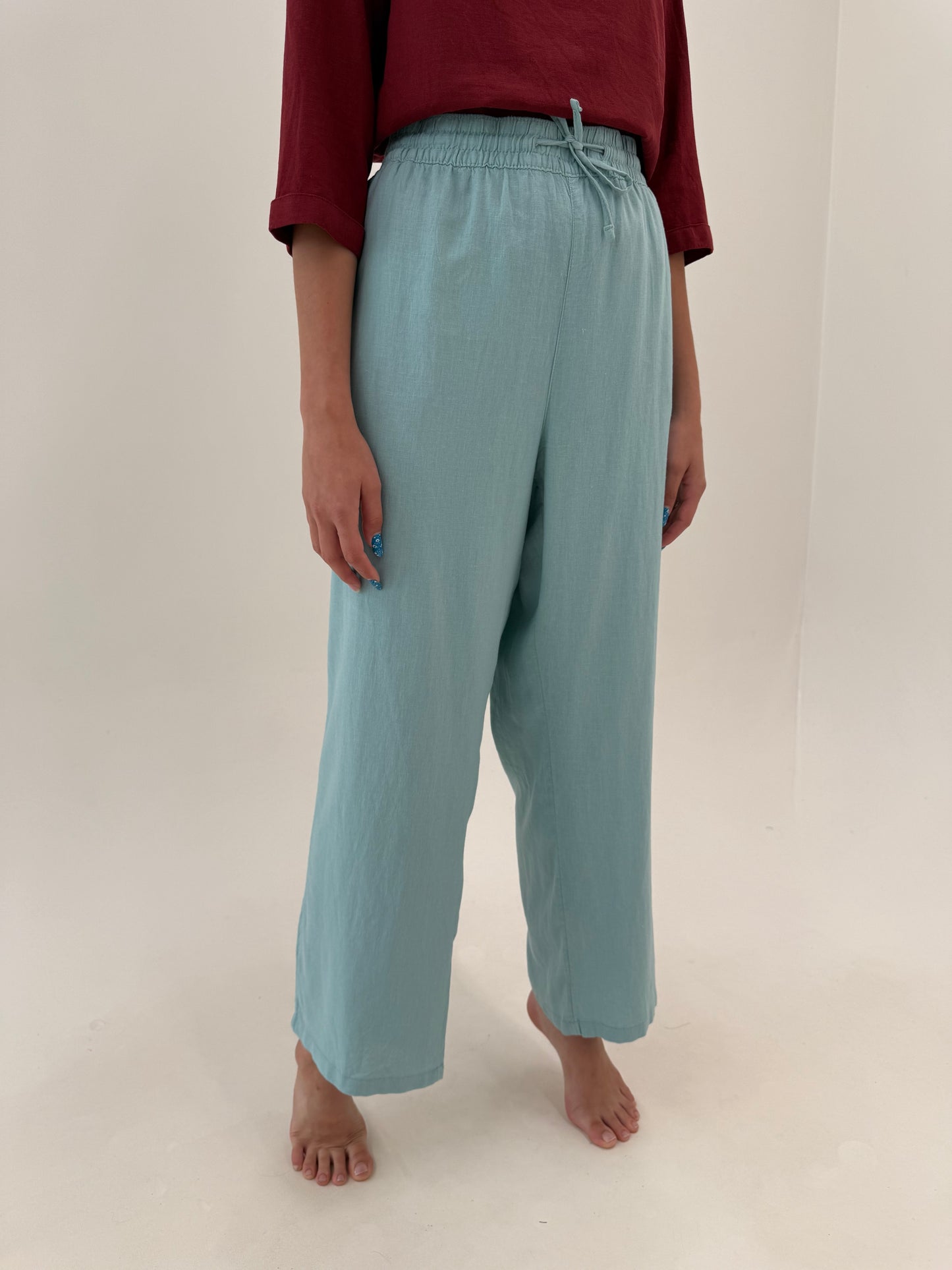 Pantaloni drepți din pânză mint green cu talie ultra înaltă elastică reglabilă
