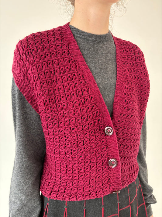 Vestă / top burgundy vintage lucrat manual din lana plină extrafina