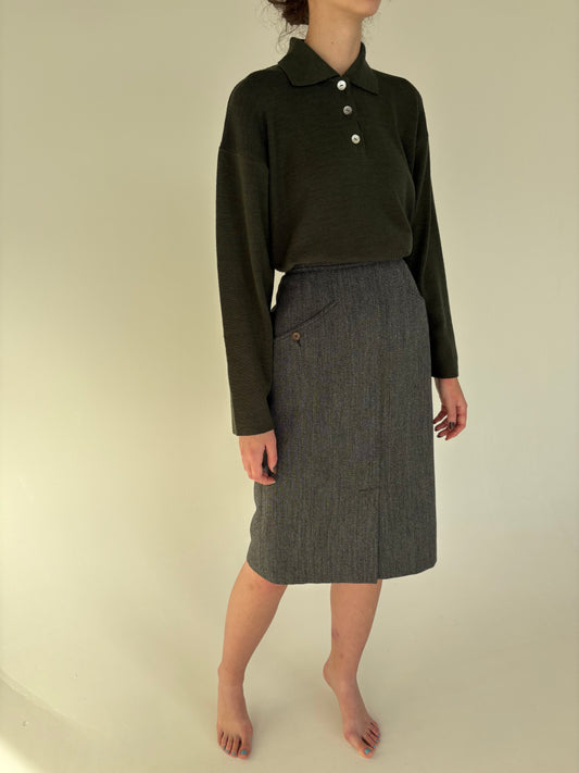 Fustă cu buzunare oblice și talie ultra înaltă din stofă de lână cardată