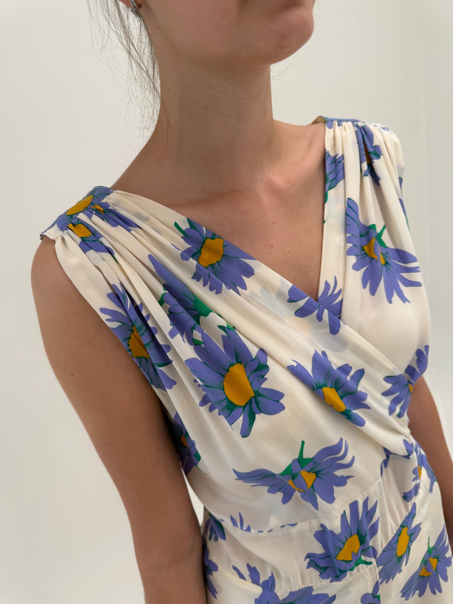Rochie vintage din mătase naturală butter white cu print floral superb