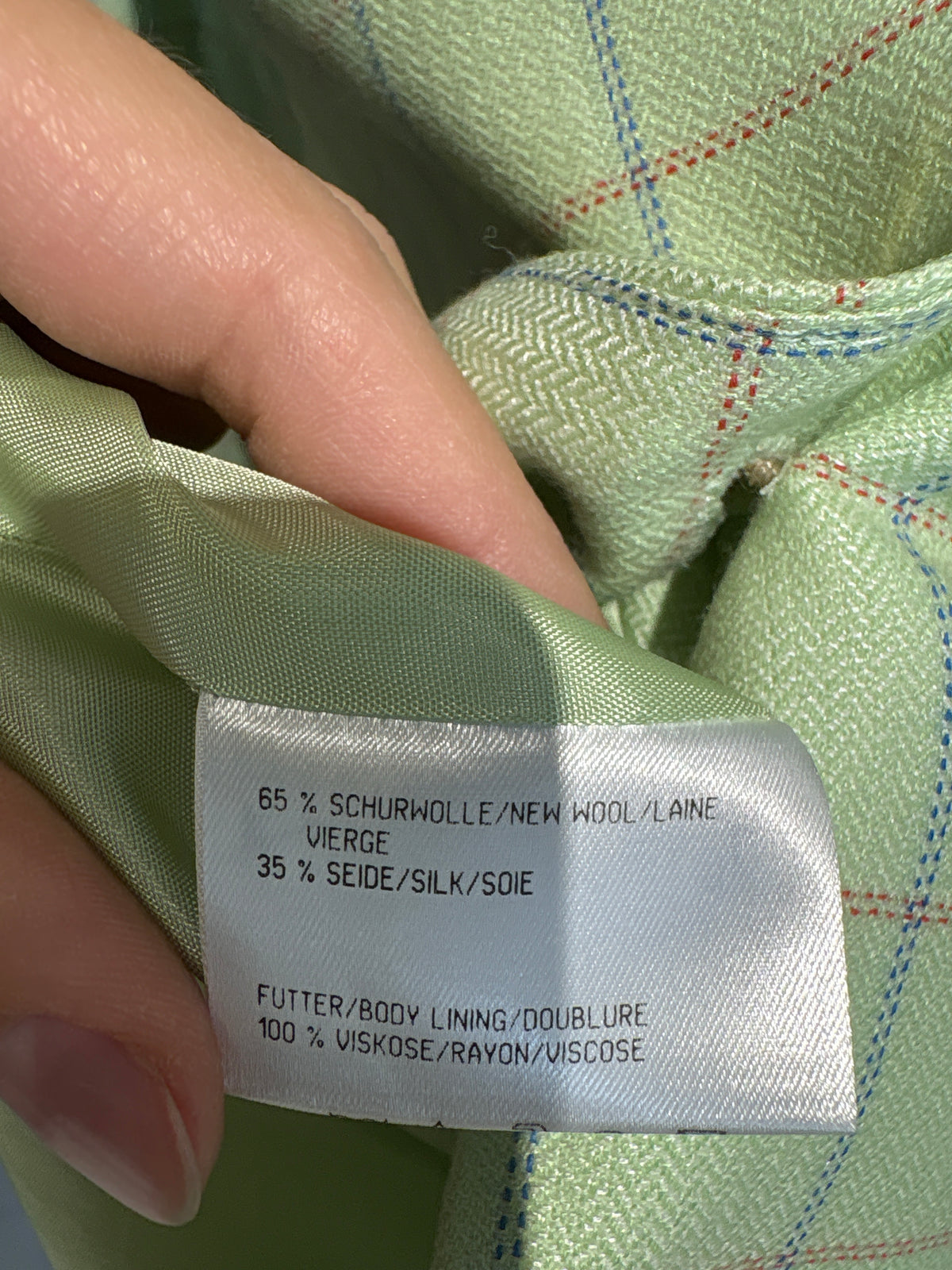 Sacou light green de brand premium din lana extrafina și mătase naturală în carouri fine